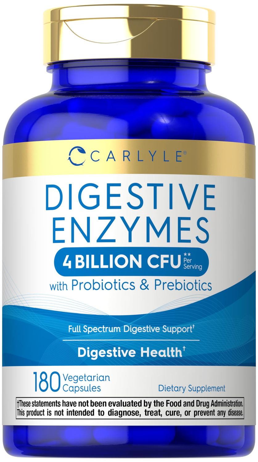 Carlyle Digestive Enzymes with Probiotics Prebiotics 180 Capsules Non-GMO and Gluten Free Supplement for Men Women