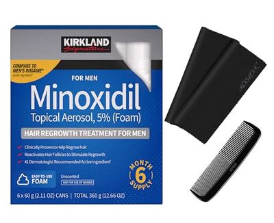 Kirkland Signature Hair Regrowth Treatment Minoxidil Foam for Men, 2.11 oz, 6 Count 6 Month Supply - Exclusive 2 MicroFiber Cleaning Cloths and Comb Included, Clear