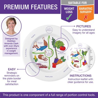 Portion Perfection Weightcontrol Plate System for Women Men Melamine Diabetic and Weightcontrol, 4 Piece Weight Control Kit Includes Portion Plate, Measuring Bowl, Cookbook and Diet Plan