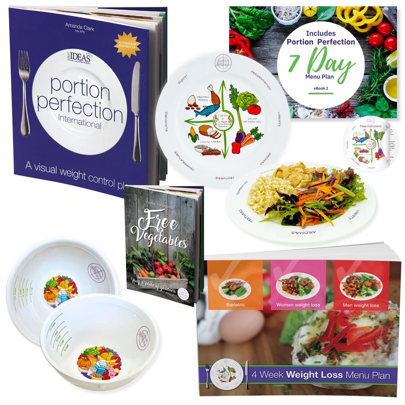 Portion Perfection Weightcontrol Plate System for Women Men Melamine Diabetic and Weightcontrol, 4 Piece Weight Control Kit Includes Portion Plate, Measuring Bowl, Cookbook and Diet Plan