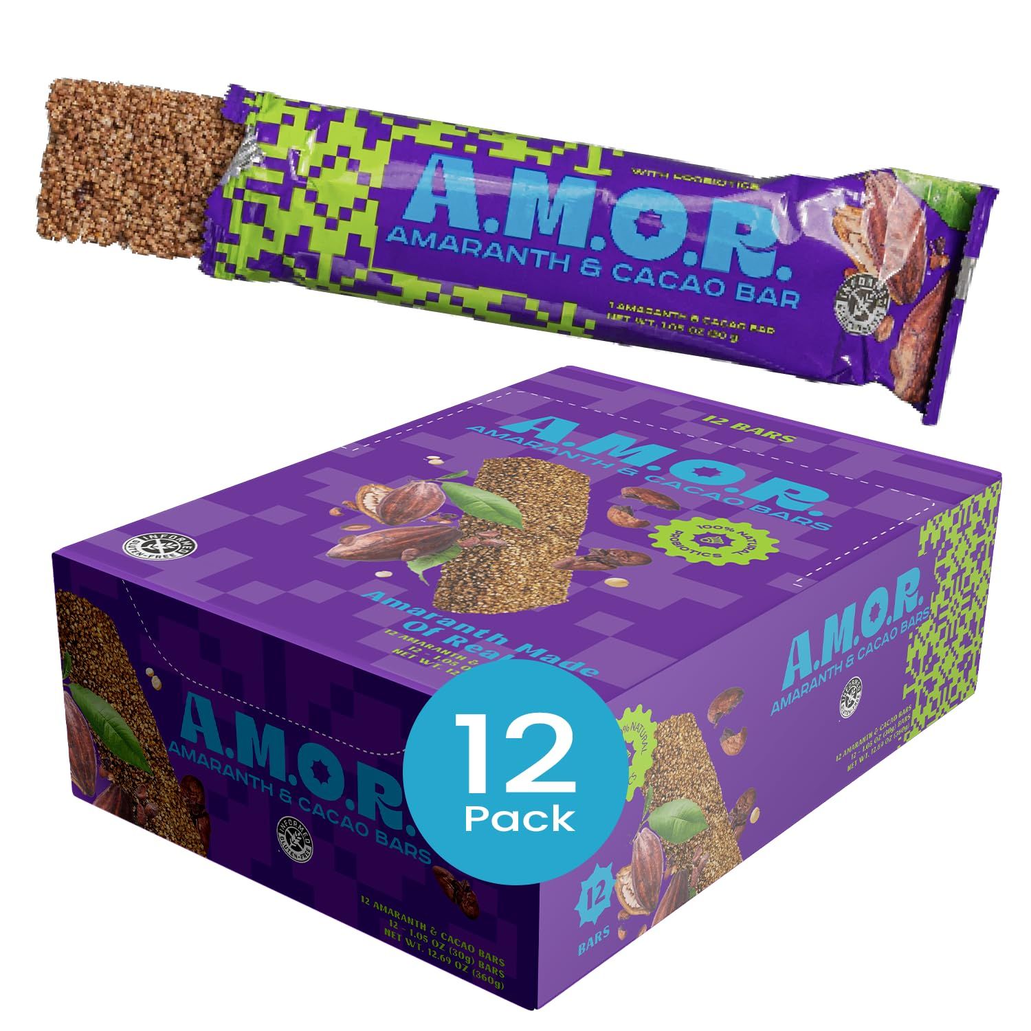 AMOR Amaranth Cacao Breakfast Bars, Healthy Snack Bars 12pk. Chocolate Flavored, All Natural, Vegan, Low Sugar, Gluten Free, High Fiber, Added Probiotics