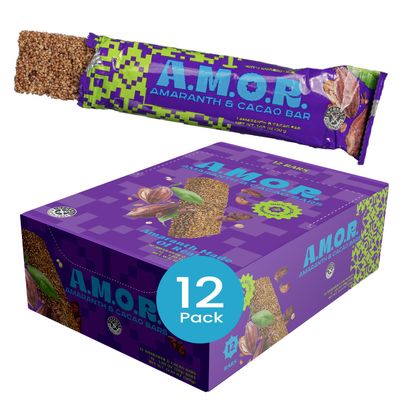 AMOR Amaranth Cacao Breakfast Bars, Healthy Snack Bars 12pk. Chocolate Flavored, All Natural, Vegan, Low Sugar, Gluten Free, High Fiber, Added Probiotics