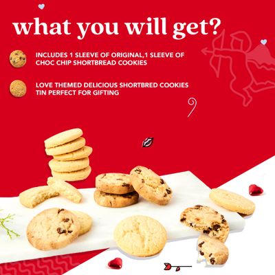 David s Cookies Shortbread Cookies in Love Sweet Sampler Tin - Original and Chocolate Chip Shortbread Cookies in a Love-Themed Gift Tin - Gourmet Food Gift Basket for Her Him