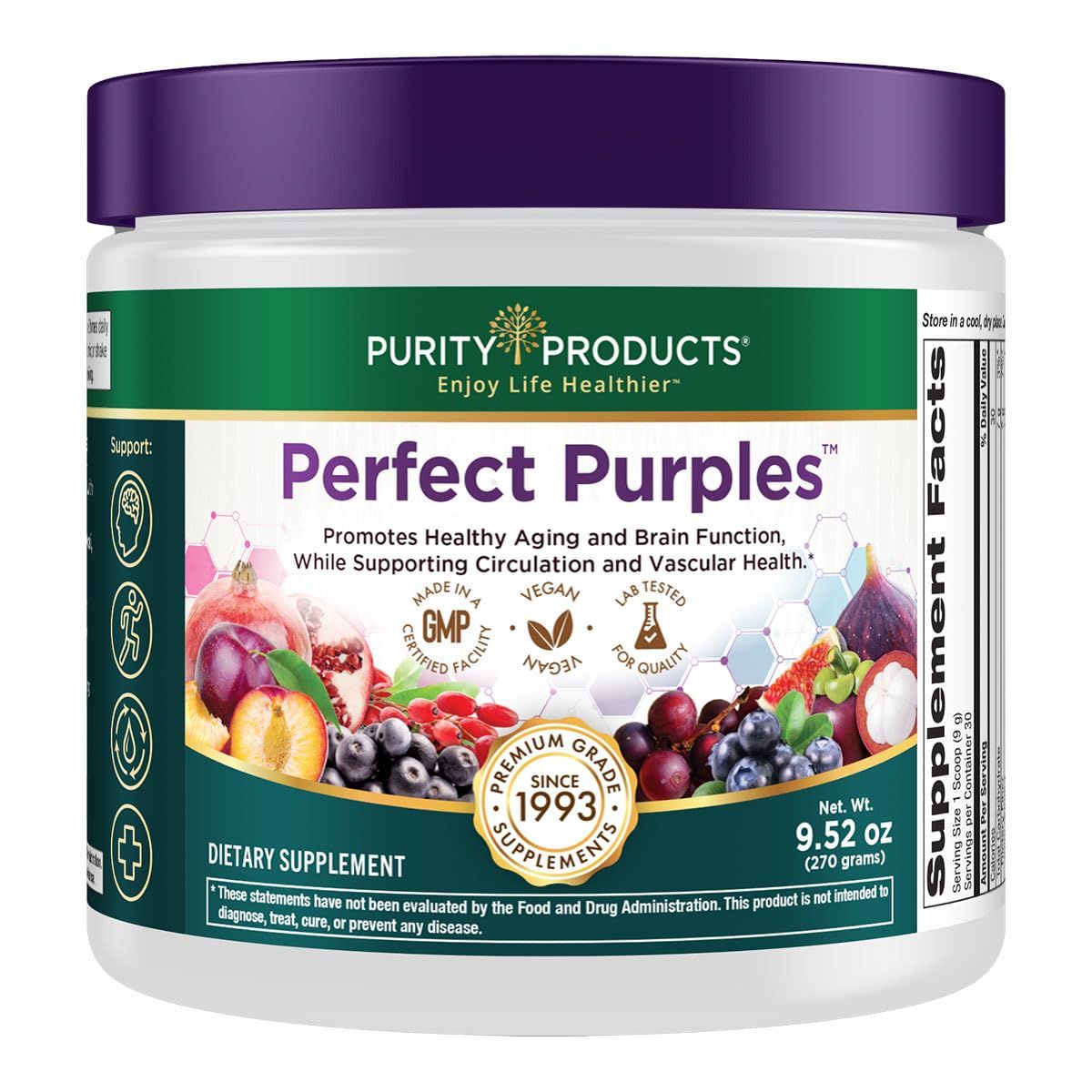 Purity Products Perfect Purples Powder Phytonutrient Rich, Healthy Aging Super Formula - Support Total Body Health - High ORAC Power - P40p Pomegranate Extract w 40 Punicosides - 30 Day Supply