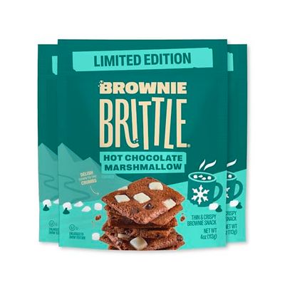 Brownie Brittle - Hot Chocolate Marshmallow Thin and Crispy Sweet Snacks (Pack of 3, 4 oz), Rich Gourmet Brownie Bites Dessert