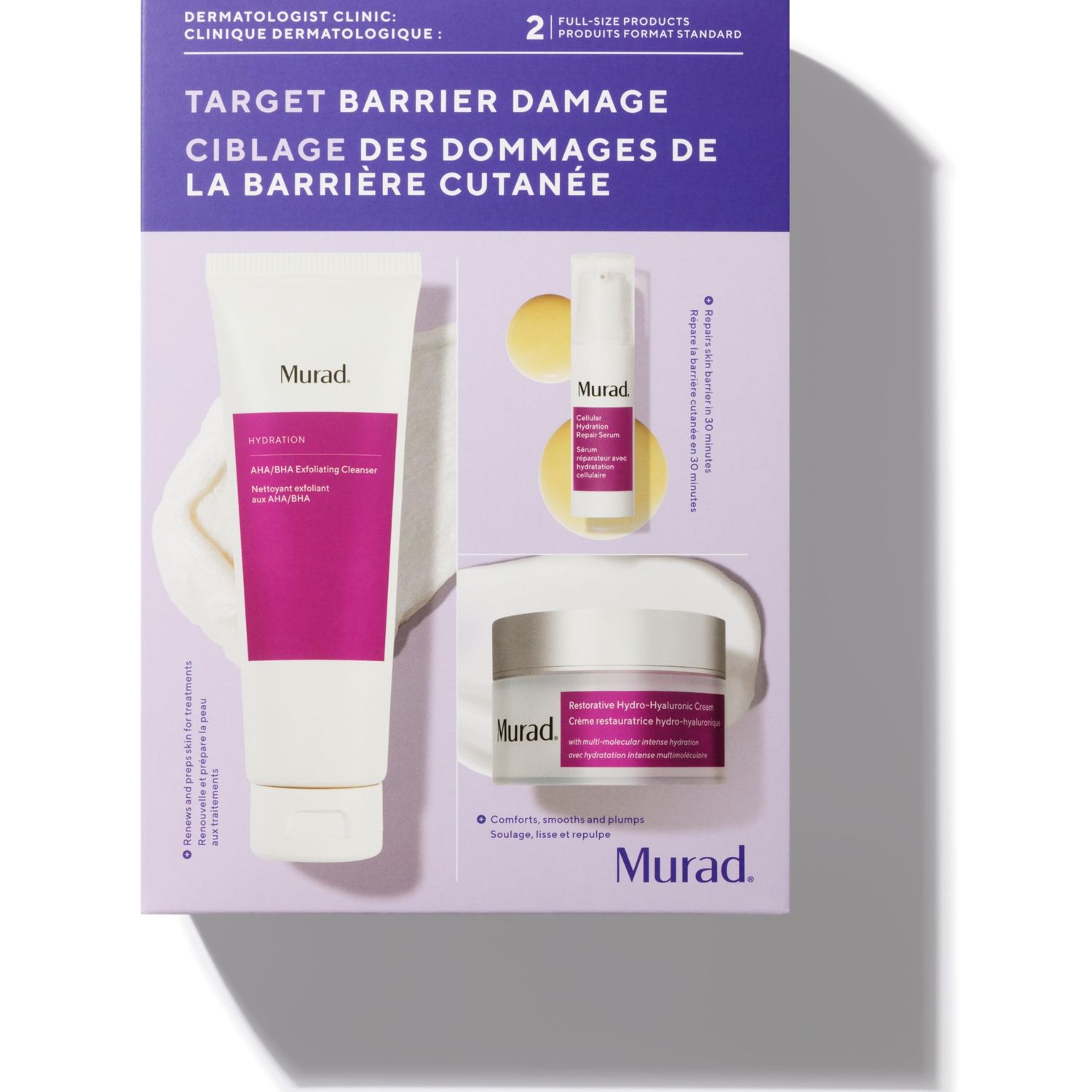 Murad Target Barrier Damage 3 Piece Value Set - AHABHA Cleanser, Hyaluronic Cream Moisturizer, Cellular Hydration Serum - Regimen for Exfoliating, Moisturizing, and Repairing Skin Barrier