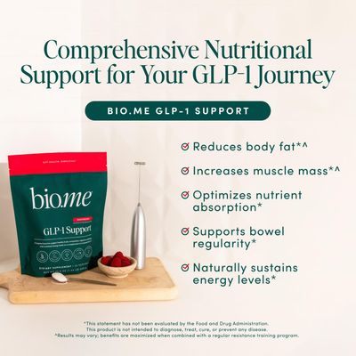 Bio.me GLP-1 Support - Multi-Benefit GLP-1 Powder for Weight Management Digestive Health - Sustain Energy Levels - Fiber, Collagen Peptides, B Vitamins, Digestive Enzymes - 24 Servings Raspberry