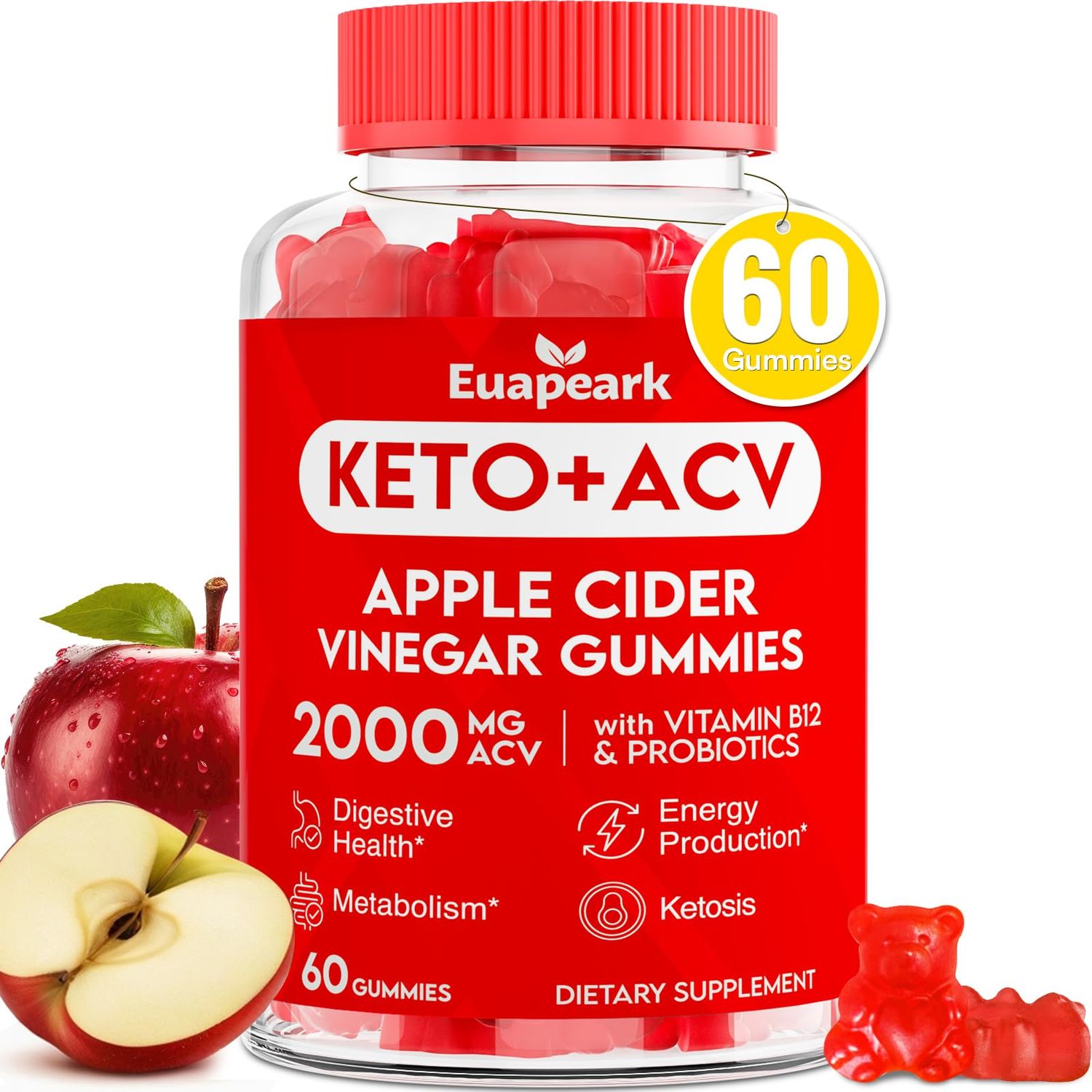 Apple Cider Vinegar Gummies, Keto ACV Gummies with Probiotics, Vitamin B12 Keto Support, 2000 mg ACV with Mother for Digestion, Metabolism, Cleanse Detox Diet, Vegan, Low Sugar, 60 Counts
