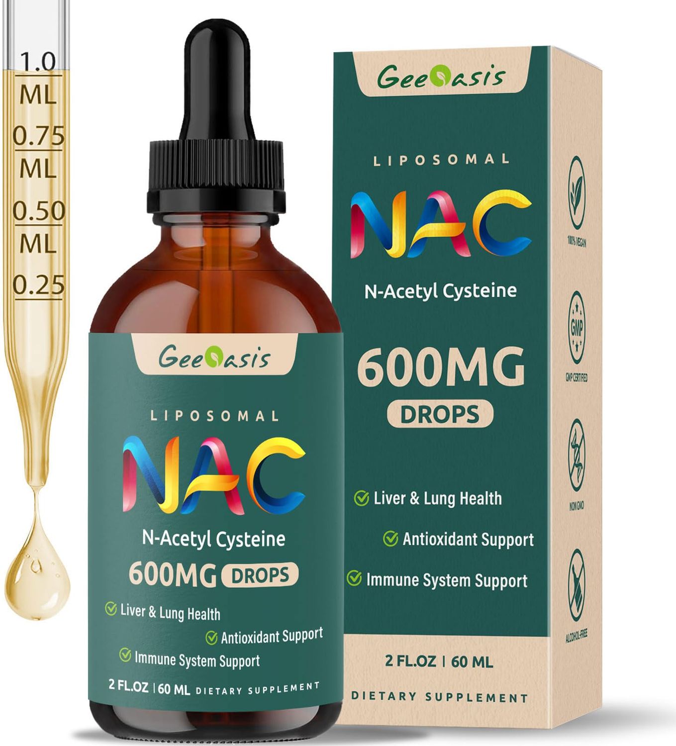 Geeoasis Liposomal Liquid NAC Supplement N-Acetyl Cysteine Drops, N Acetyl Cysteine 600 mg with Quercetin Zinc for Adults Kids, Liver Lung Support, Antioxidant, Immune Skin Health, 2 Fl Oz