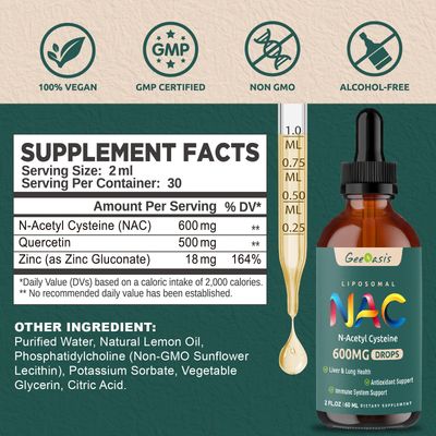 Geeoasis Liposomal Liquid NAC Supplement N-Acetyl Cysteine Drops, N Acetyl Cysteine 600 mg with Quercetin Zinc for Adults Kids, Liver Lung Support, Antioxidant, Immune Skin Health, 2 Fl Oz