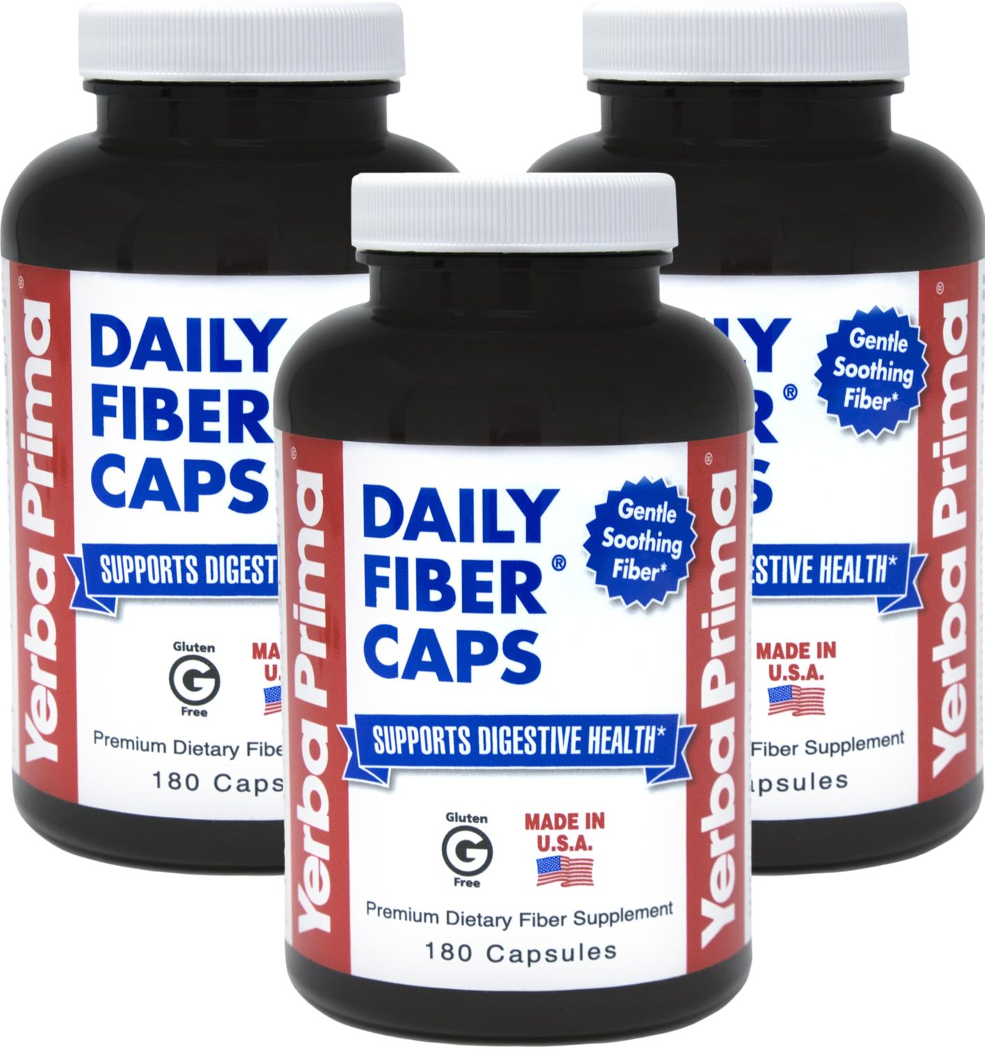 Yerba Prima Daily Fiber Capsules, 180 Caps Pack of 3 - Soluble Dietary Fiber Supplement - Colon Cleanse - Gut Health - Constipation Relief, Vegan, Non-GMO, Gluten-Free