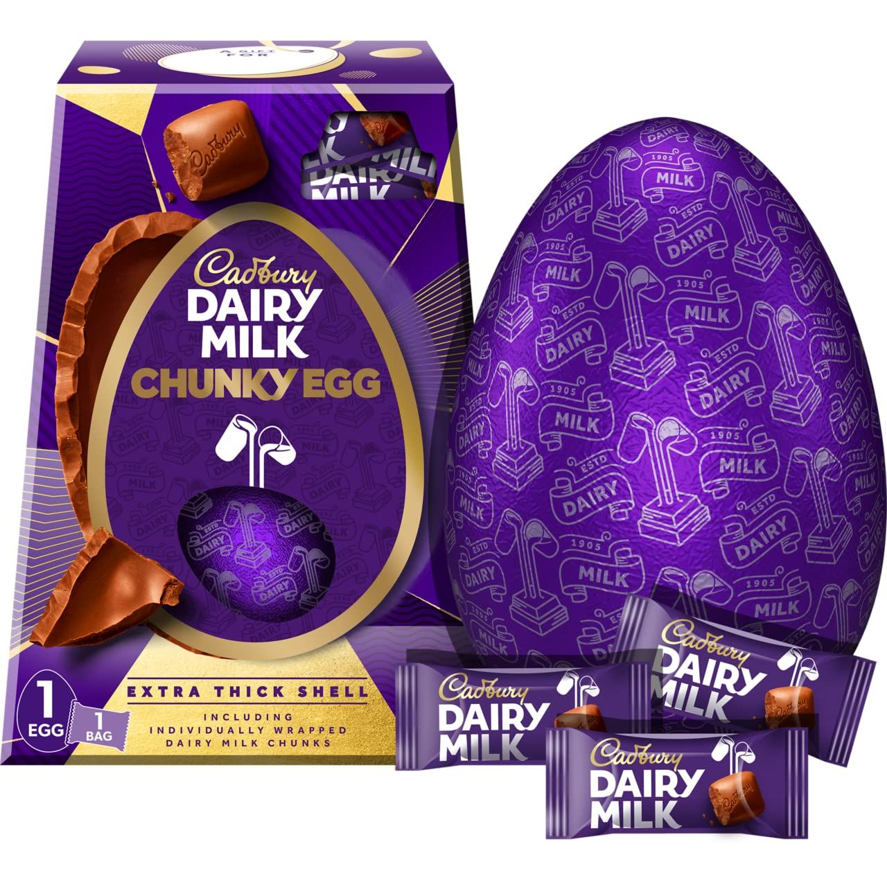 Cadbury Dairy Milk Chunky Giant Easter Egg 400g Milk Chocolate Egg with 1 Bag of Chunks Premium Chunky Milk Chocolate Egg Giant Milk Chocolate Egg