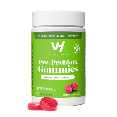 VitaHustle Pre Probiotic Gummies, Vegan, Gut Health, Digestion, Bloating, Relief, Immune Support, Low Sugar, Plant Based, Non GMO, Berry Flavor, 50 Count