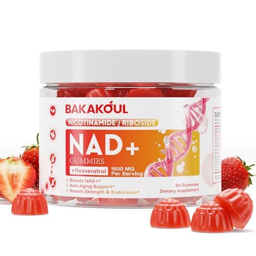 BAKAKOUL NAD Gummies, NAD Supplement - Liposomal Nicotinamide Riboside, Resveratrol, Quercetin, NAD Nicotinamide Riboside Resveratrol 900mg, NAD Supplement for Men and Women, 60 Gummies 1 Pack