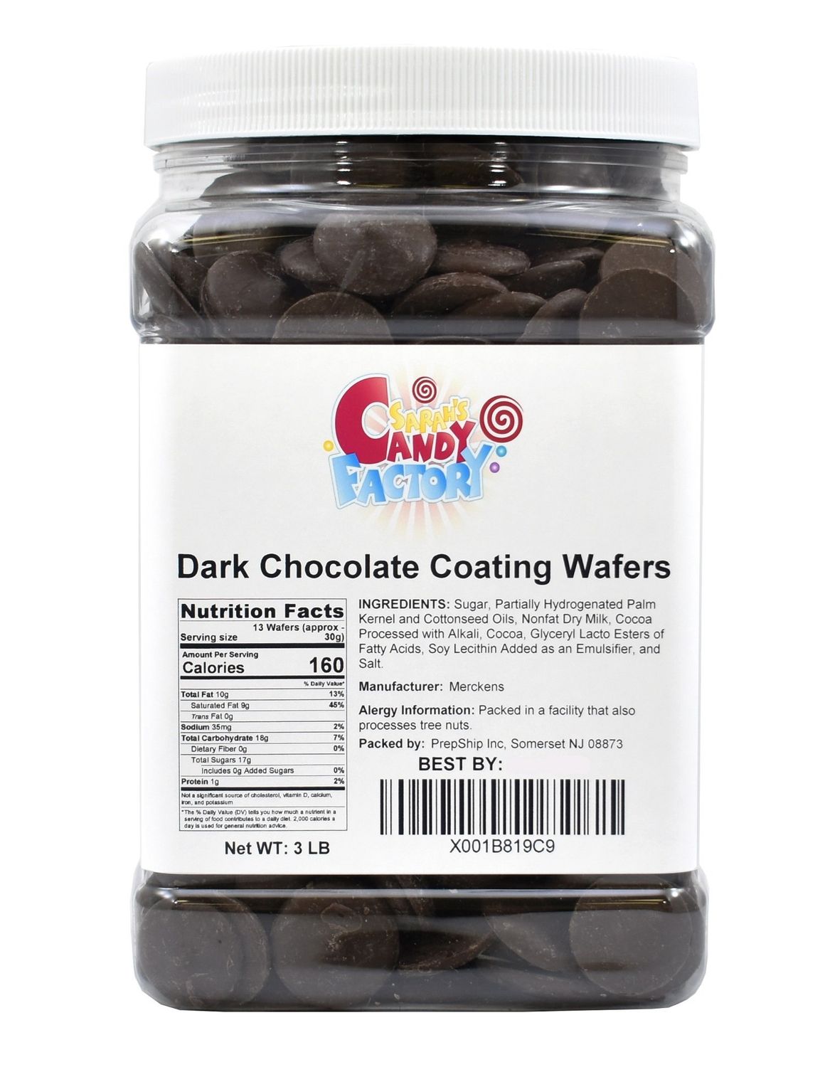 Sarahs Candy Factory Coating Melting Wafers Dark Chocolate in Jar, Kosher and Gluten Free, 3 Lbs