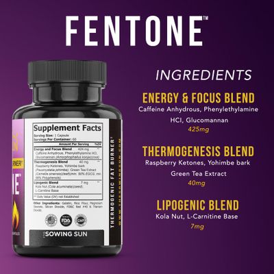 the sowing sun Fentone Thermogenic Fat Burner Energy Booster, Appetite Suppressant, Clinically Studied Weight Loss, Fat Burning, Phenylethylamine HCl, L- Carnitine, Ketones - 60 Diet Pills 1