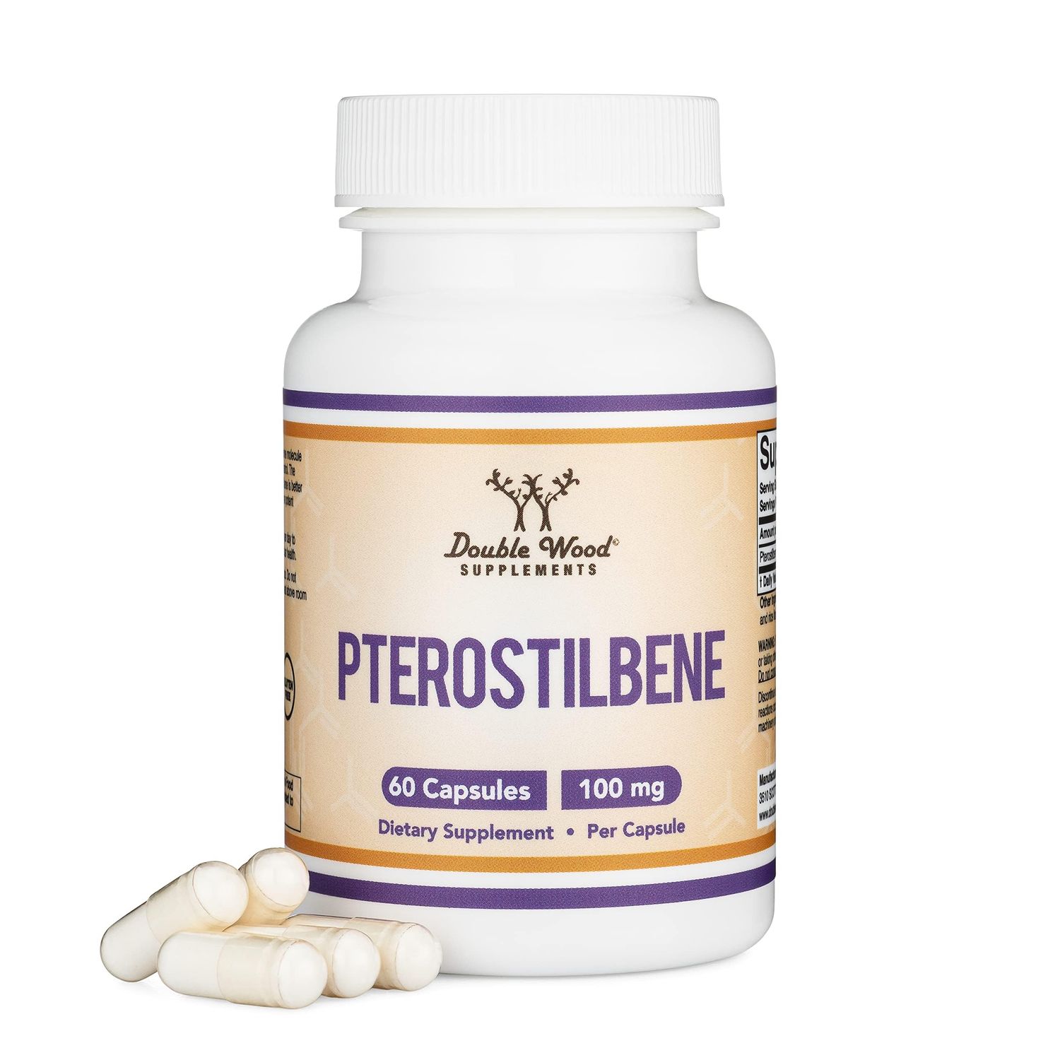 Pterostilbene Supplement 100mg Capsules Third Party Tested 60 Capsules, Superior to Resveratrol, Antioxidant for Longevity Support Non-GMO, Gluten Free by Double Wood