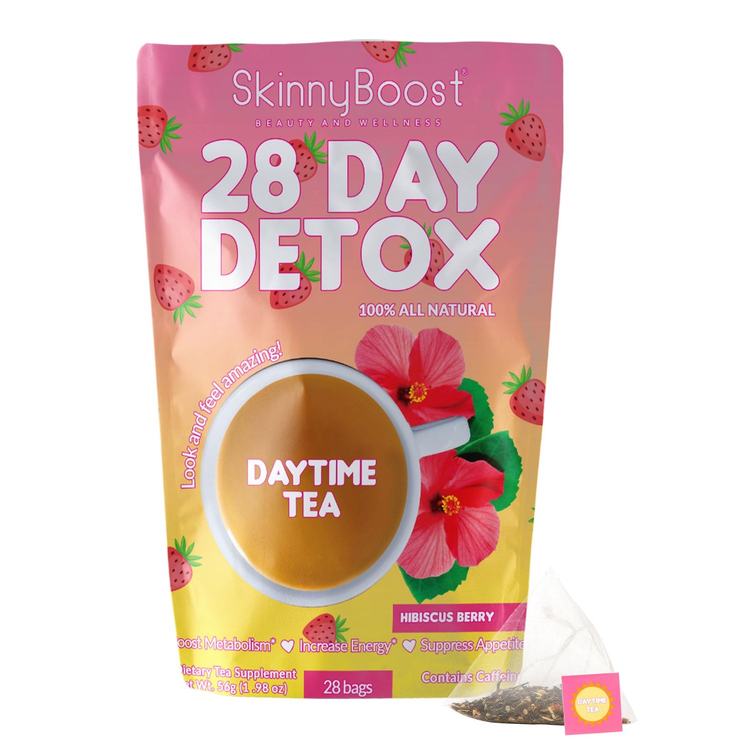 SkinnyBoost 28 Day Detox Daytime Tea -Hibiscus Berry 28 Tea Bags Supports Metabolism Boost, Detox, All Natural, Non GMO, Vegan, Keto Friendly