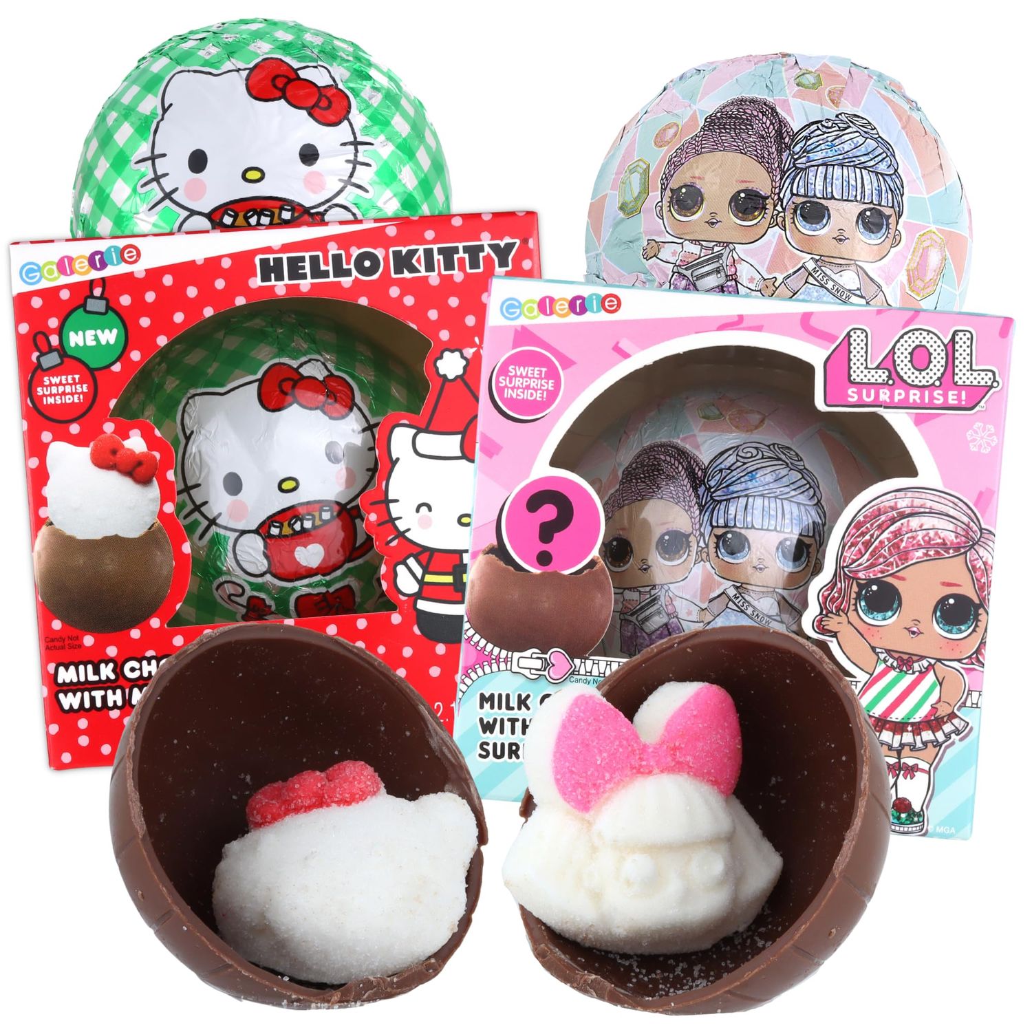Sweetzo - Christmas Chocolate Balls, Hello Kitty and LOL Doll Themed Hot Cocoa Melts, Candy Basket Gifts, 2.12 Ounces Pack of 2