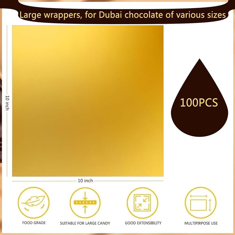 100PCS 10X10 Large Chocolate Bar Wrappers with Thick Paper Backing, Candy Bar Wrappers Gold Aluminum Foil Sheets Chocolate Packaging for Dubai Chocolate Bar Candies Homemade Sweets Gifts