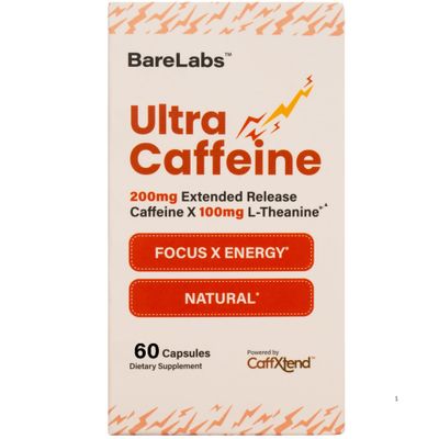 BareLabs Extended Release Caffeine Pills L-Theanine - 200mg for Energy Focus - No Jitters, No Crash - Natural Caffeine Supplement - 60 Capsules