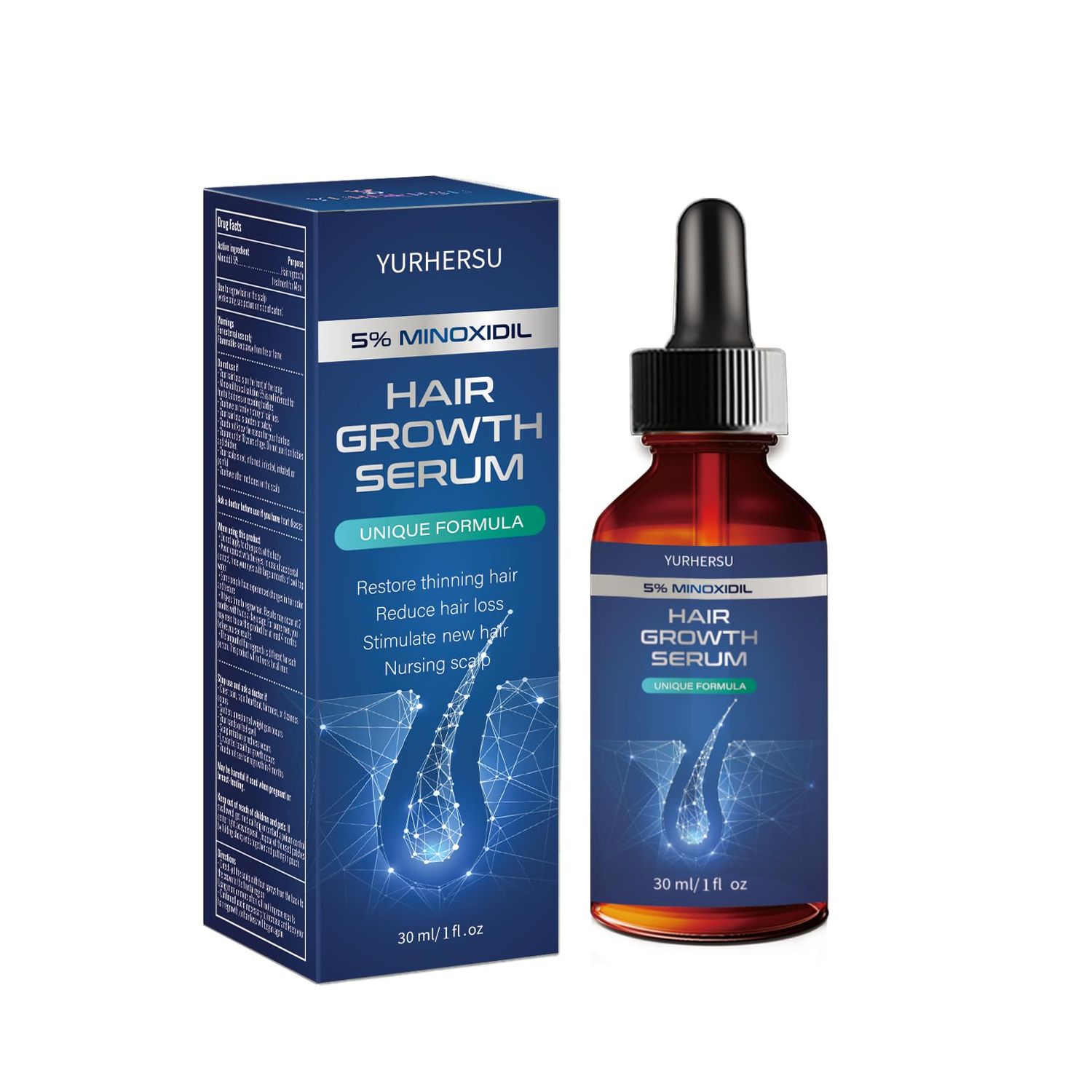 YURHERSU Hair Growth Serum with 5 Minoxidil, Restore Thinning Hair Reduce Hair Loss, Stimulate New Hair Nursing Scalp for Women Men Get Stronger Thicker Longer Hair or Beard-60ml
