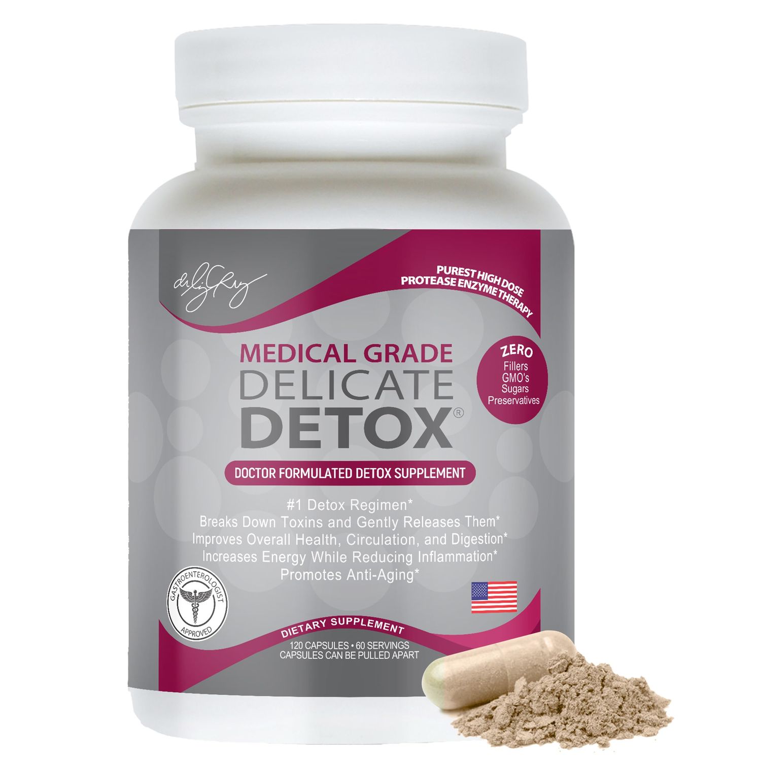 Dr. Liz Cruz Delicate Detox - Enzymes Supplement, Dietary Supplements, Medical-Grade Protease Enzymes, Daily Essential Enzymes for Detox, Non-GMO, 120 Veggie Capsules