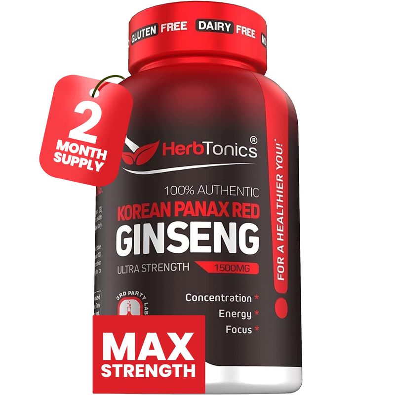 Herbtonics Korean Red Panax Ginseng 1500mg - High Potency Ginseng for Energy, Performance Immune Support for Men Women - Ginseng Root Extract Powder Supplement for Focus and Vitality -120 Capsules