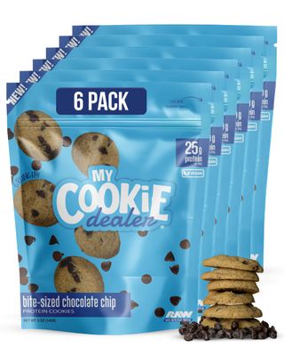 My Cookie Dealer Protein Cookies, Bite-Sized Crunchy Chocolate Chip Cookies, 6-Pack, 5oz Cookie - 25g Protein per Bag Made with RAW Nutrition Protein - Healthy Post Work-Out Travel Snacks, Vegan