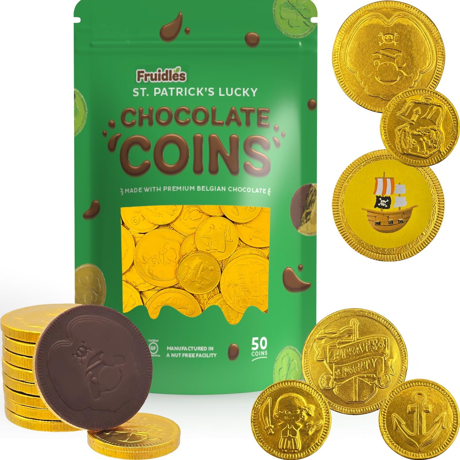 Fruidles St. Patricks Pirate Design Belgian Milk Chocolate Coins, Kosher Certified Dairy, Non GMO 50 Coins