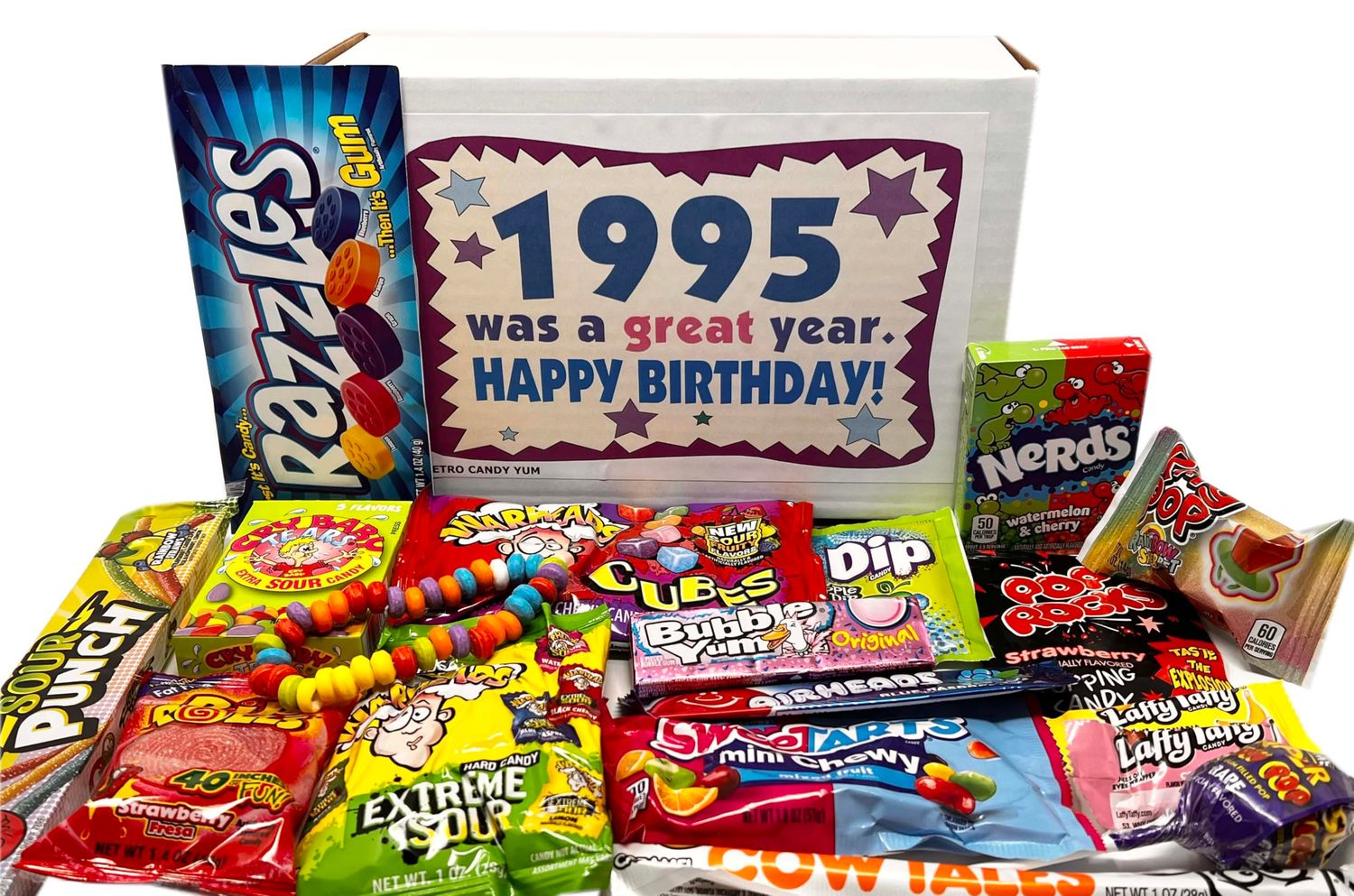 RETRO CANDY YUM 1995 30th Birthday Nostalgic Candy Gift Basket Box 90s Assortment from Childhood Memories for 30 Year Old Woman or Man Born 1995 Jr