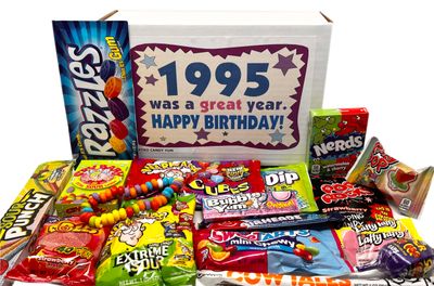 RETRO CANDY YUM 1995 30th Birthday Nostalgic Candy Gift Basket Box 90s Assortment from Childhood Memories for 30 Year Old Woman or Man Born 1995 Jr