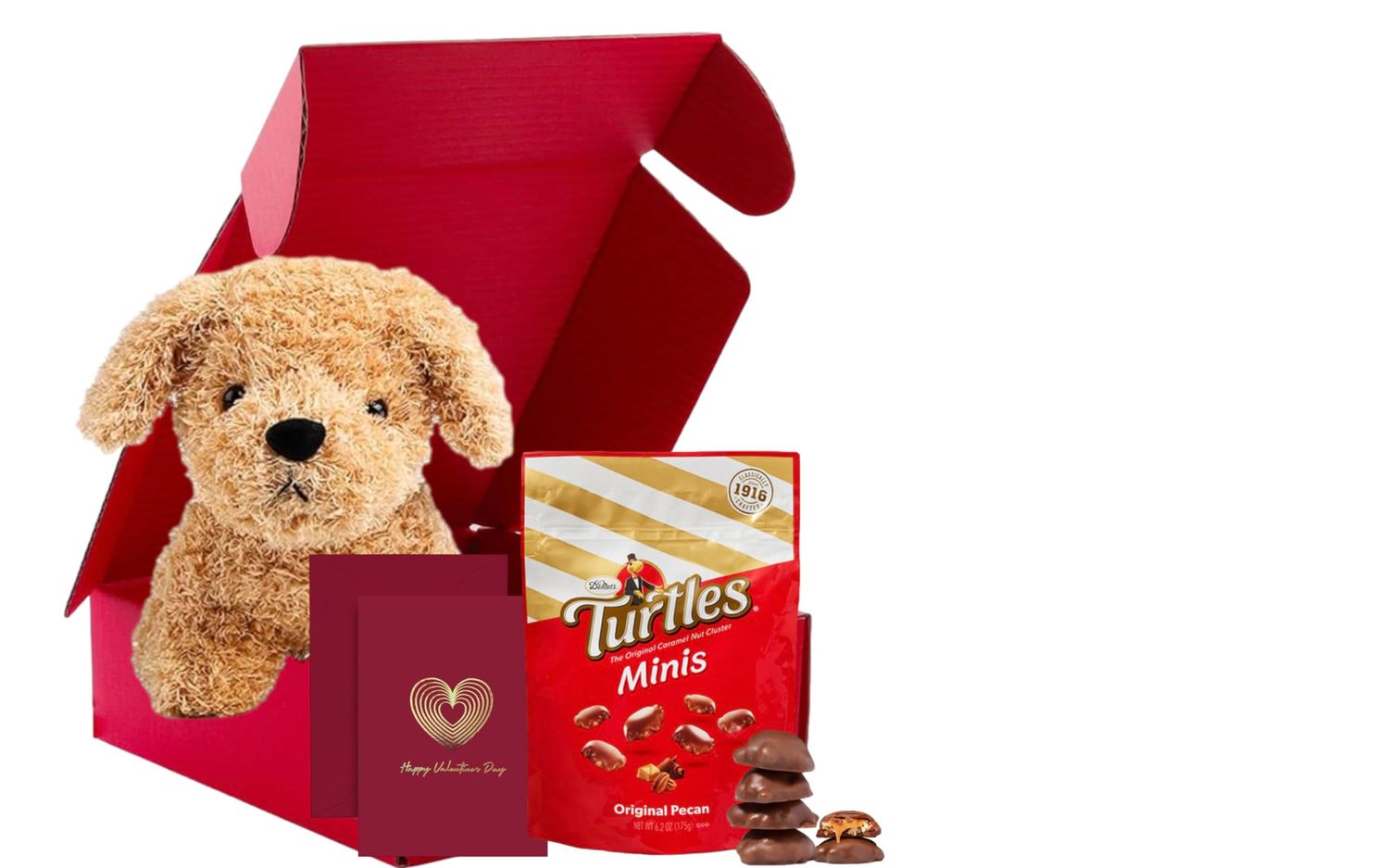 Gold Foiling Card With Puppy Plush Crisp Premium Pecans Creamy Caramel Milk Chocolate Packed in a Red Gift Box.
