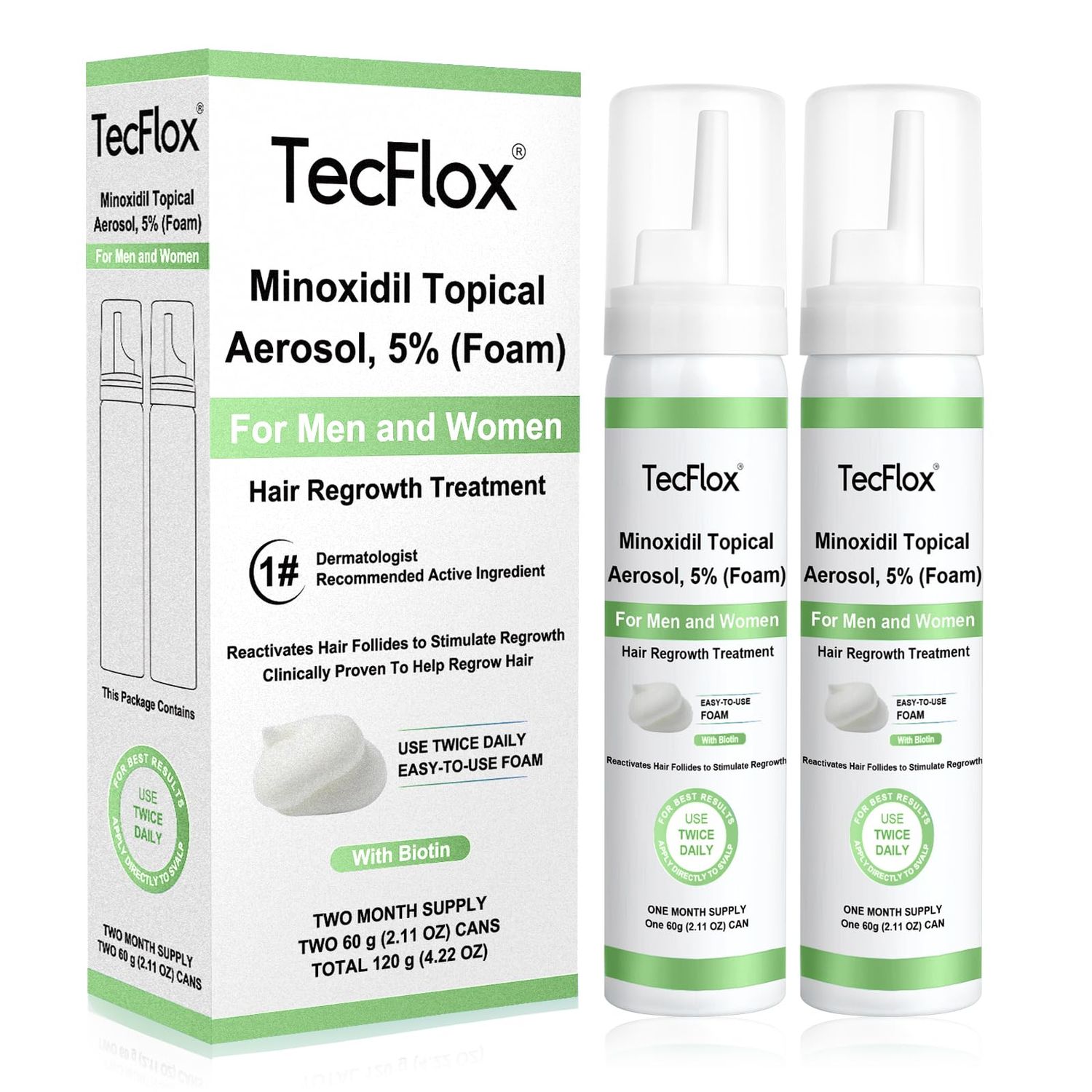 Tecflox Minoxidil Foam - 5 Minoxidil for Men Women, Hair Beard Growth with Biotin, Thicker Hair, Unscented, 2 x 2.11 Oz, 2-Month Supply, Hair Loss Treatment White