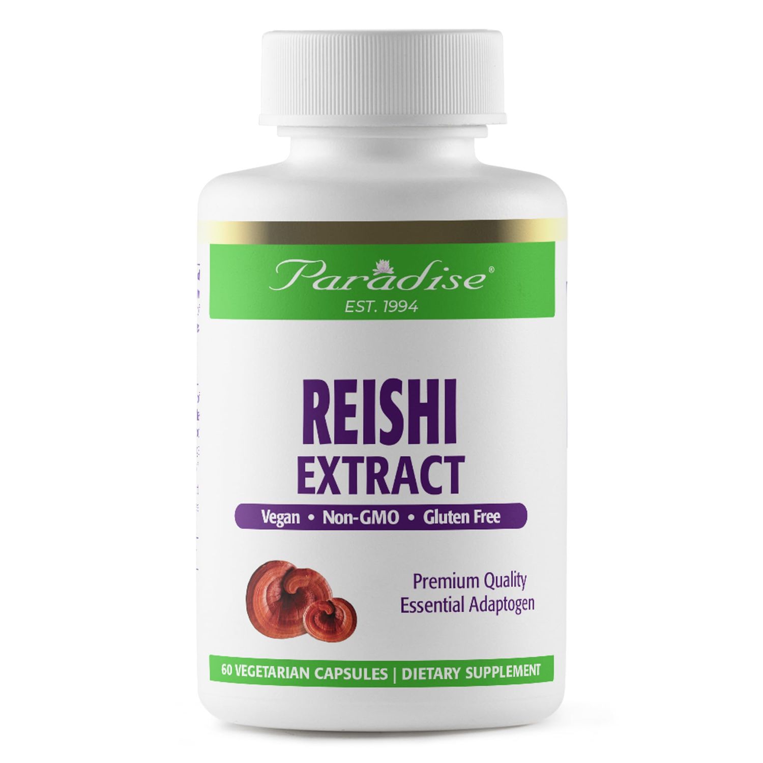 Paradise Herbs Reishi, Essential Adaptogen, Super Potent, Ultra Pure, Non-GMO, Vegan, Gluten Free, 60 Vegetarian Capsules