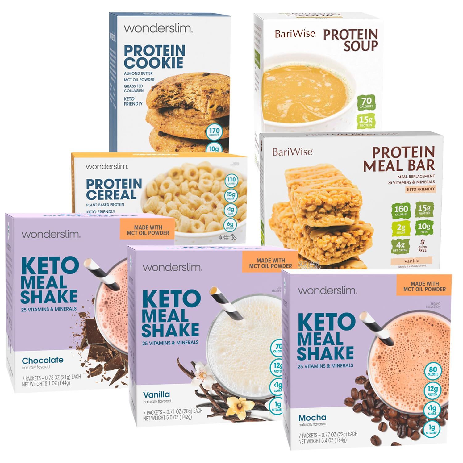 Wonderslim Keto Friendly 1 Week Diet Kit 49 Meals - Low Carb Meal Replacements, Bars Snacks, Breakfast, More
