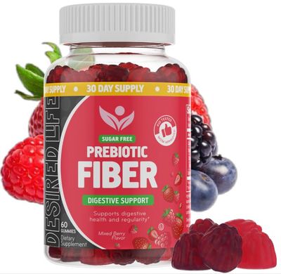 Desired Life Sugar Free Prebiotic Fiber Gummies for Adults Kids Mixed Berry Flavor Plant Supplement for Women Men, Daily Digestive Health Regularity 60 Count Pack of 1