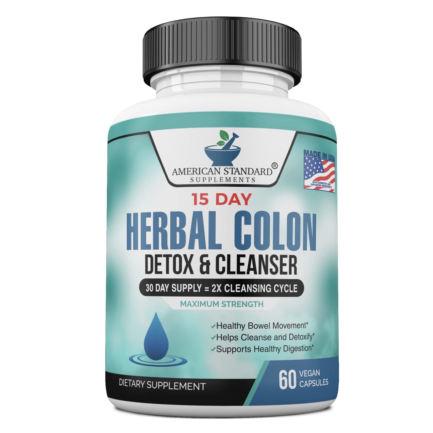 American Standard Supplements Colon Cleanse - 60 Veggie Capsules, 30 Servings - Herbal Blend with Psyllium Husk, Senna Leaves, Aloe Vera, Ginger, Cascara Sagrada More