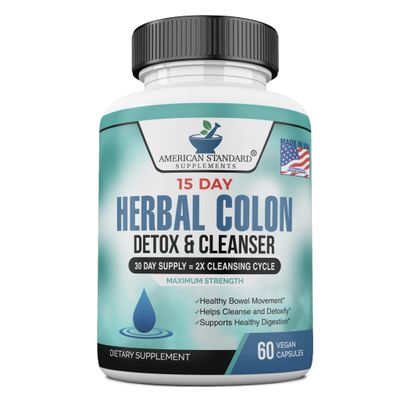 American Standard Supplements Colon Cleanse - 60 Veggie Capsules, 30 Servings - Herbal Blend with Psyllium Husk, Senna Leaves, Aloe Vera, Ginger, Cascara Sagrada More