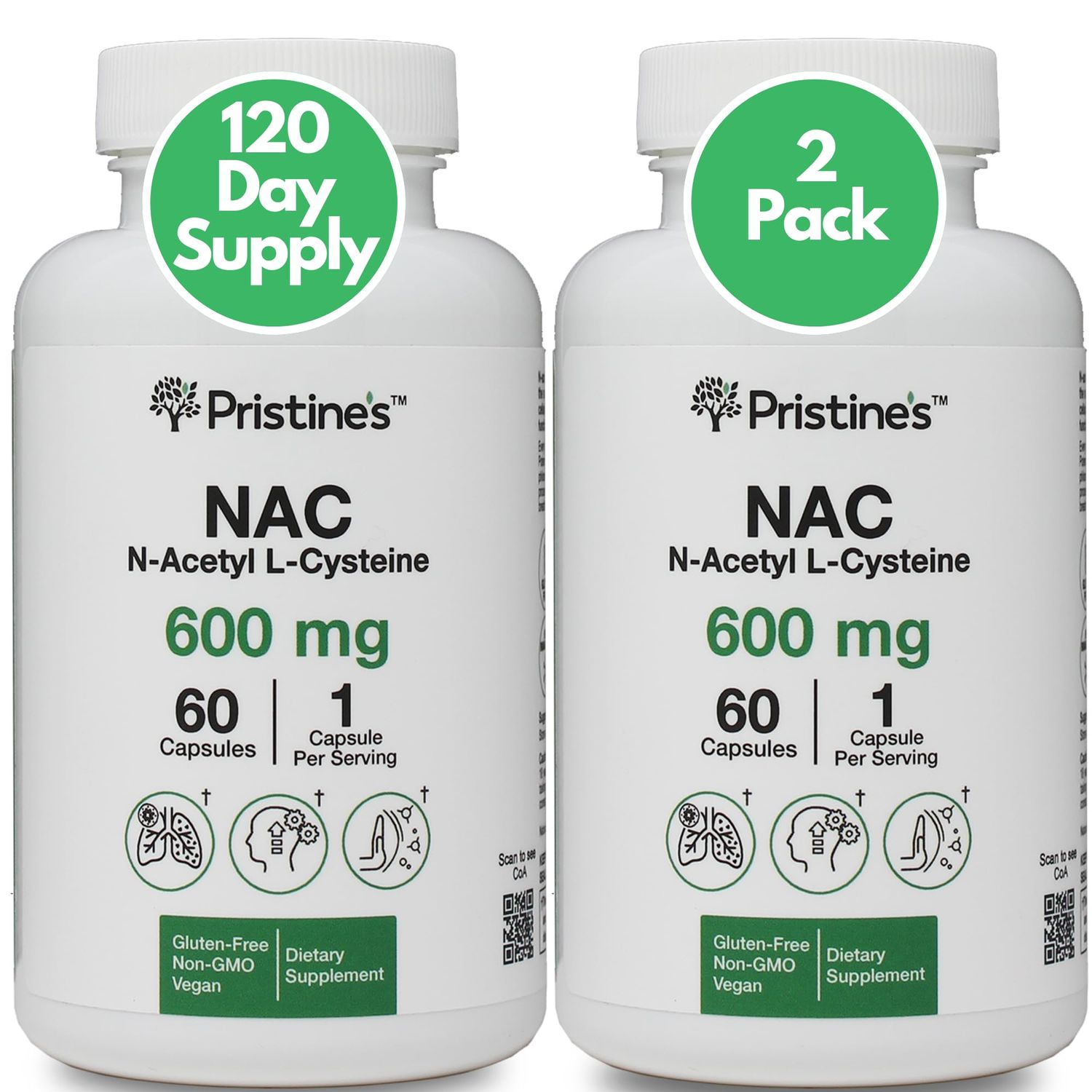 PRISTINES N-Acetyl L-Cysteine NAC 600MG 2 Pack Immunity Support Supplement - 120-Day Supply - Potent Lung Liver Antioxidant Supplement Capsules - Mood Support - Vegan, Glutern Free, Non GMO