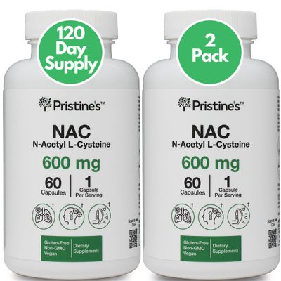 PRISTINES N-Acetyl L-Cysteine NAC 600MG 2 Pack Immunity Support Supplement - 120-Day Supply - Potent Lung Liver Antioxidant Supplement Capsules - Mood Support - Vegan, Glutern Free, Non GMO