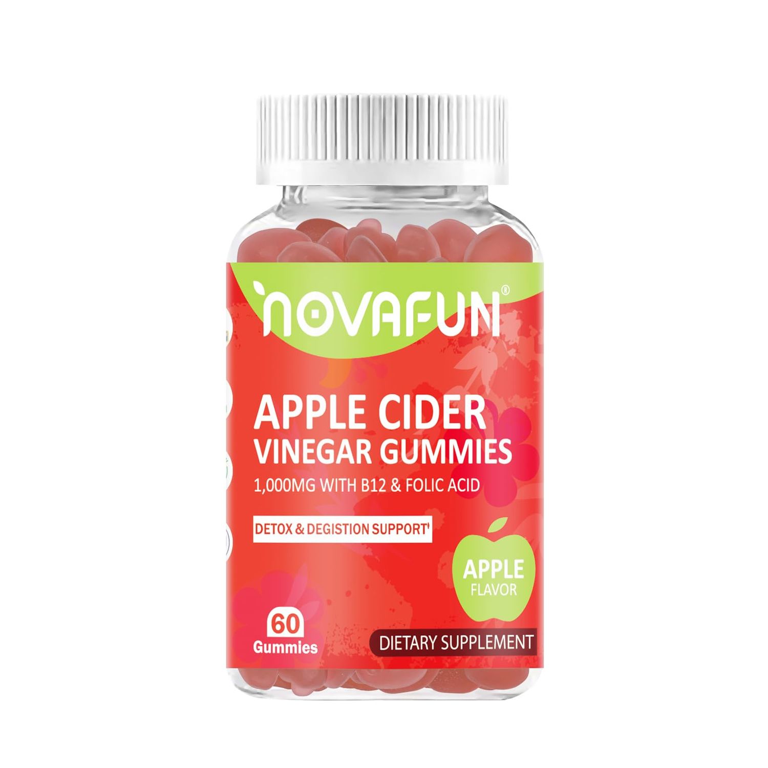 Novafun Apple Cider Vinegar Gummies with Vitamin B12 Folic Acid - 1000mg Apple Cider Vinegar for Detox Digestion Support, Vegetarian Gluten-Free, Apple Flavor, 60 Count