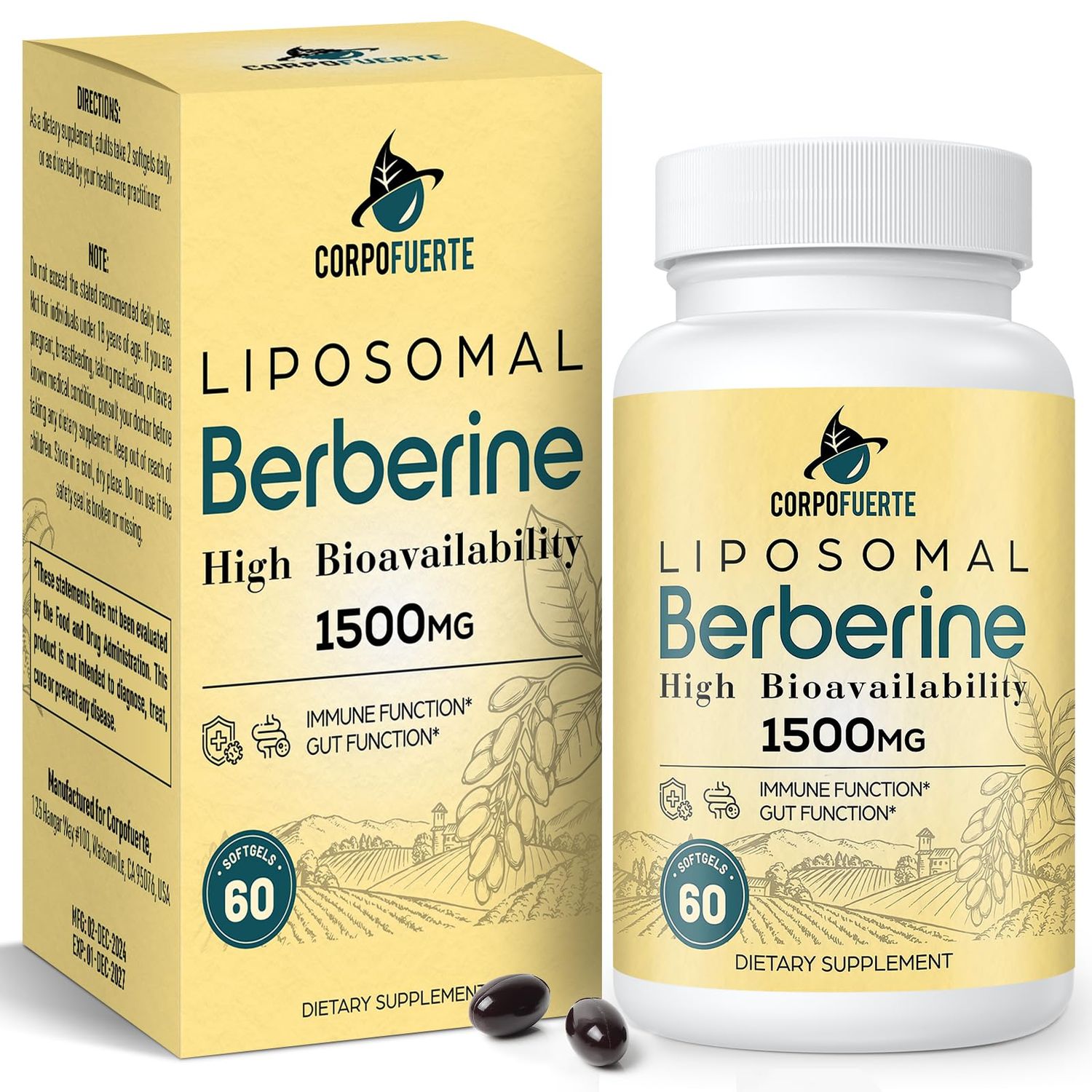 Corpofuerte Liposomal Berberine HCl 1500 mg - Berberine Supplement Activates AMPK GLP-1 - Supports Reduces Body Burden in Women and Men 1 Pack