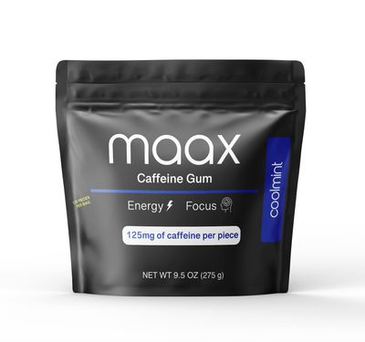 Maax Caffeine Energy Gum 125mg of caffeine per piece Coolmint 125 total pieces per bag Focus Supplement