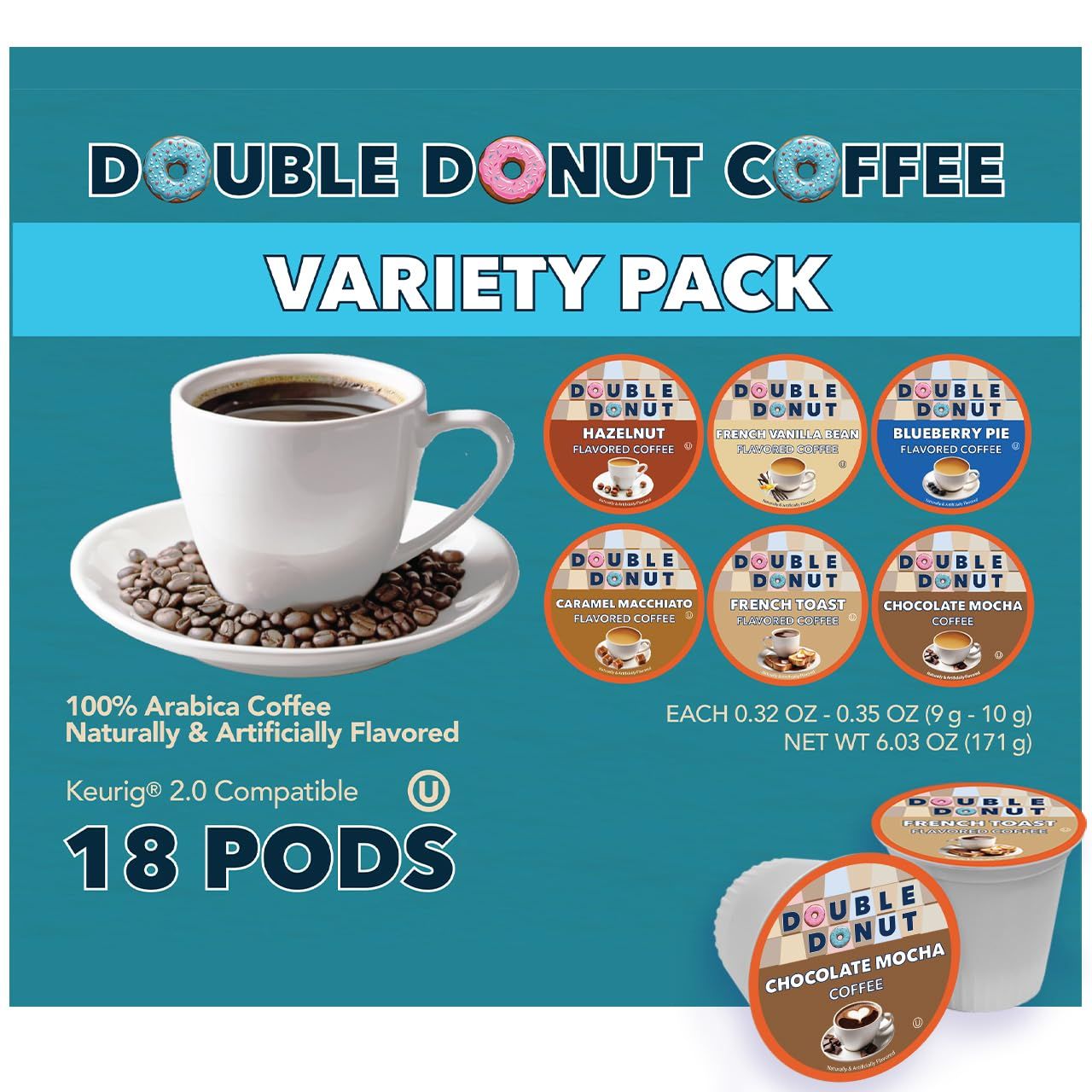 Double Donut Flavored Coffee Variety Pack, Includes Hazelnut, Caramel, Chocolate Coffee More, Single Serve Pods for Keurig K Cups Machines, 18 Count