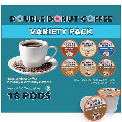 Double Donut Flavored Coffee Variety Pack, Includes Hazelnut, Caramel, Chocolate Coffee More, Single Serve Pods for Keurig K Cups Machines, 18 Count