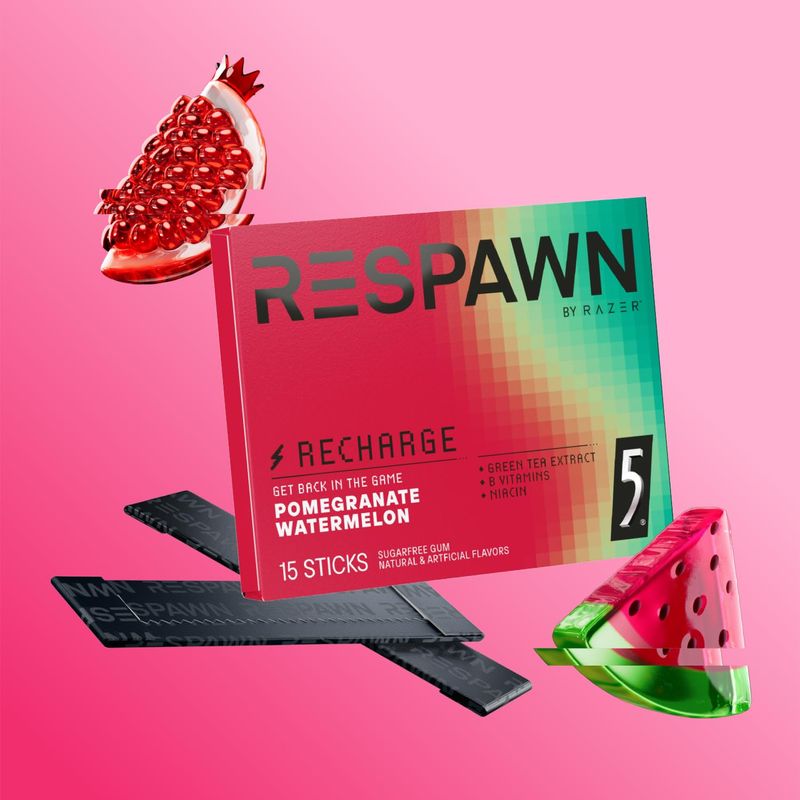 RESPAWN by Razer Gum, Recharge Chewing Gum - Pomegranate Watermelon, Sugar-Free, 15 Count Pack of 10 Bulk Box