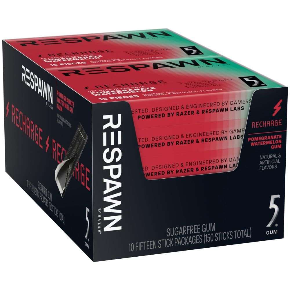 RESPAWN by Razer Gum, Recharge Chewing Gum - Pomegranate Watermelon, Sugar-Free, 15 Count Pack of 10 Bulk Box