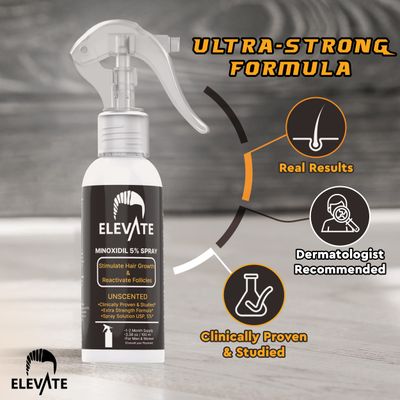 ELEVATE 5 Minoxidil Hair Growth Spray - Extra Strength Professional Treatment for Hair Loss and Regrowth - Stimulate Follicles for Men Women - 1 to 2 Month Supply 100ml