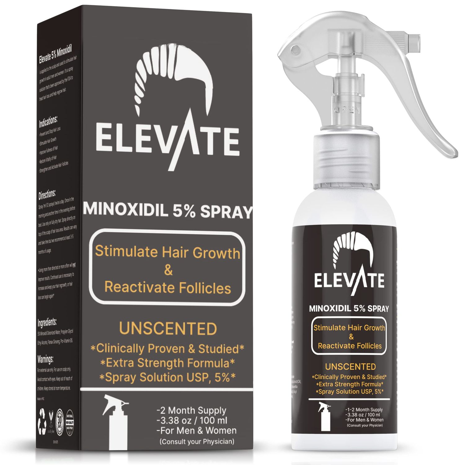 ELEVATE 5 Minoxidil Hair Growth Spray - Extra Strength Professional Treatment for Hair Loss and Regrowth - Stimulate Follicles for Men Women - 1 to 2 Month Supply 100ml